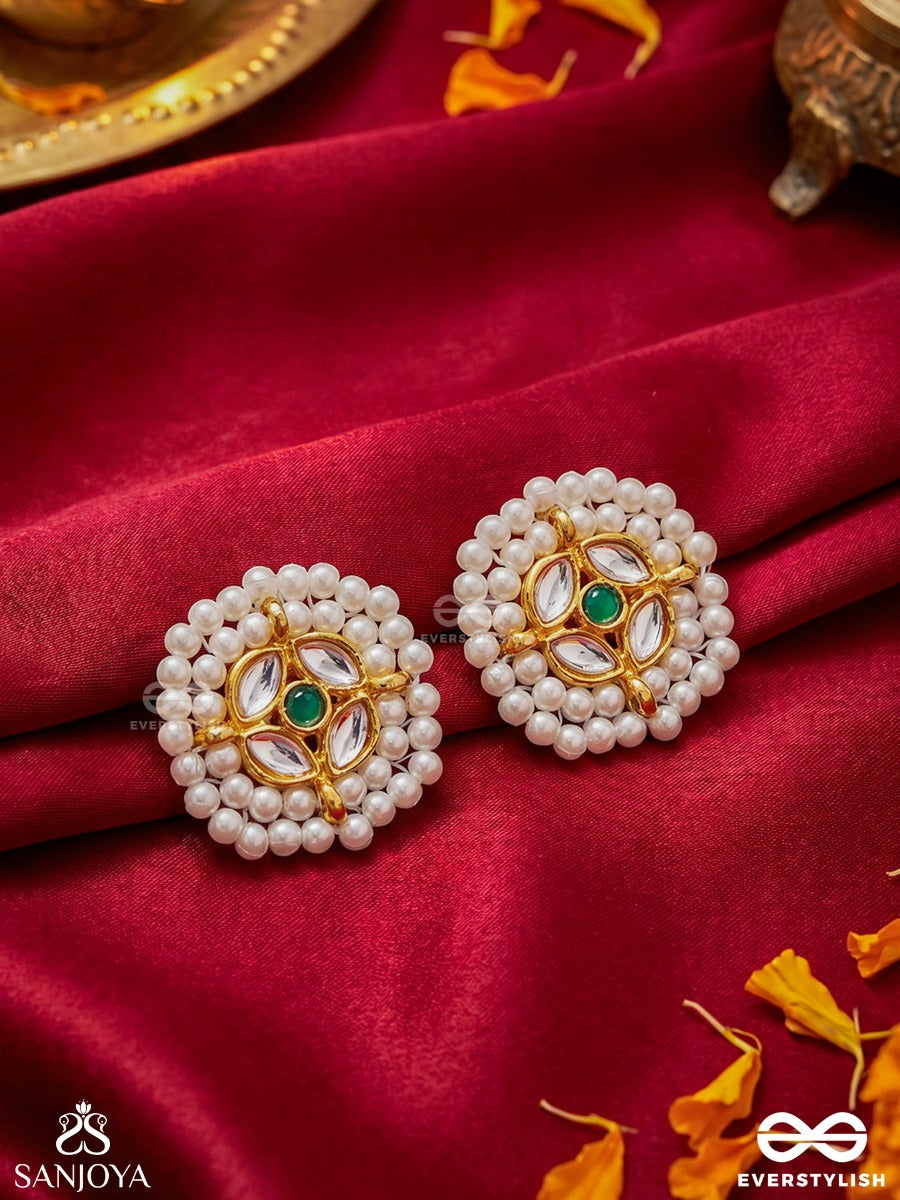Prabhanvi – Radiant Light – Floral Stud Earrings With Pearl Petals, Turquoise Centre And Golden Detailing