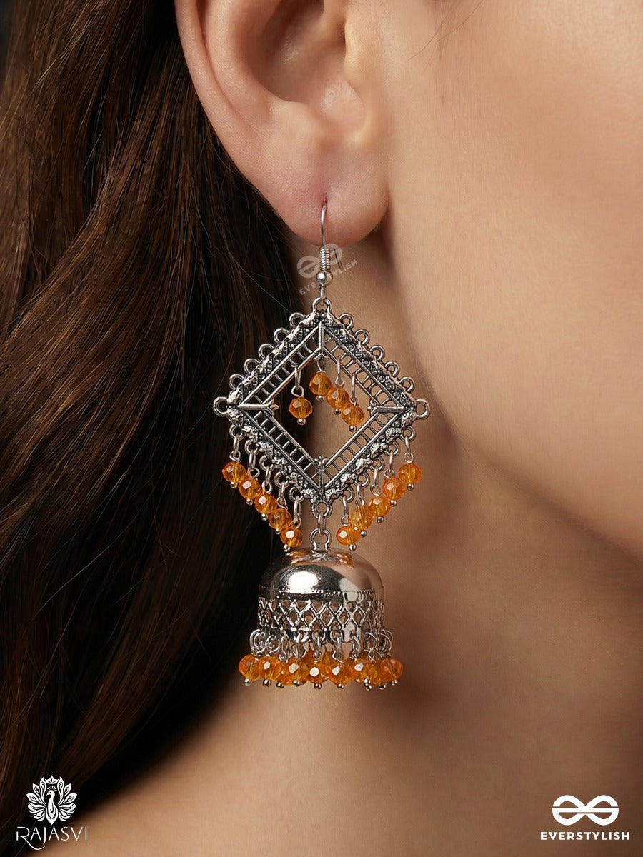 Ambarlekha – Oxidised Diamond Jhumka Earrings With Amber Bead Clusters And Filigree Details