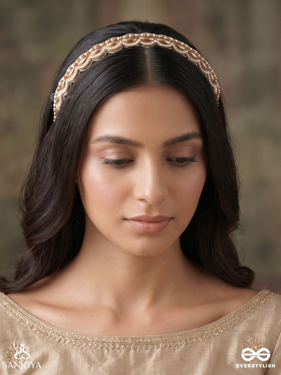 Punarnava – Ever-Renewing – Heritage Hair Band With Shell Embellishments, Pearl Rows And Ornamental Borders