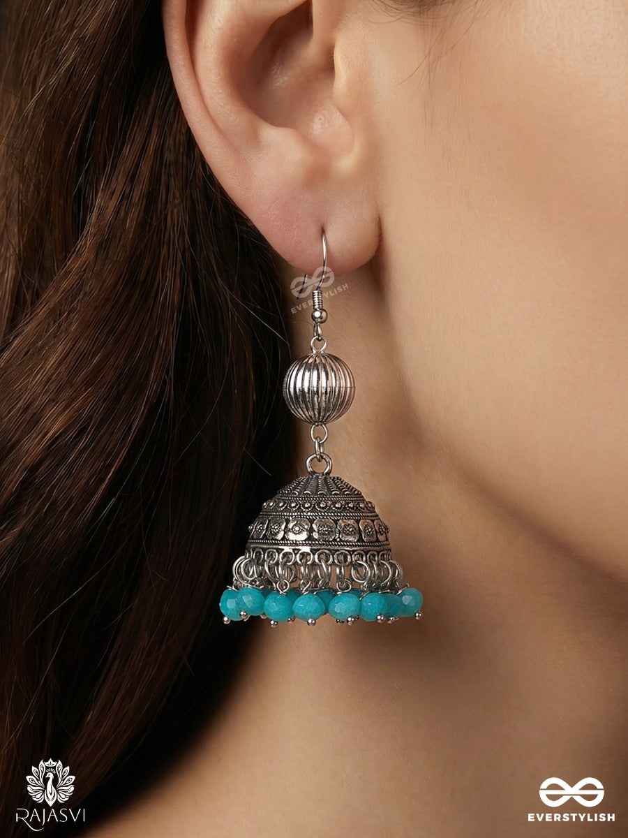 Jaldhwani – Oxidised Jhumka Earrings With Turquoise Bead Fringe And Engraved Dome