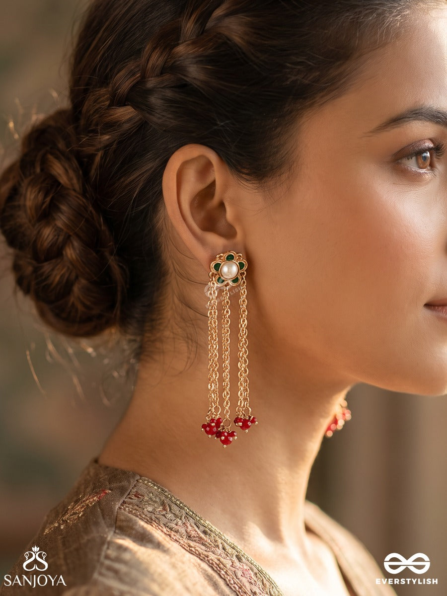 Kinjalka – Flower Filament – Heritage Earrings With Floral Mirror Tops, Cascading Golden Chains And Ruby-Red Bead Clusters