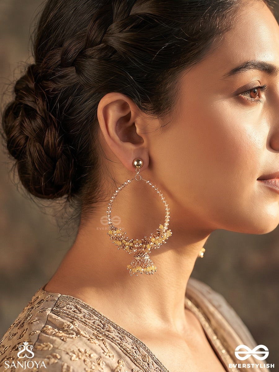 Mohrang – Enchanting Hues – Heritage Hoop Earrings With Intricate Bead Clusters, Mini Jhumka Danglers And Golden Framework