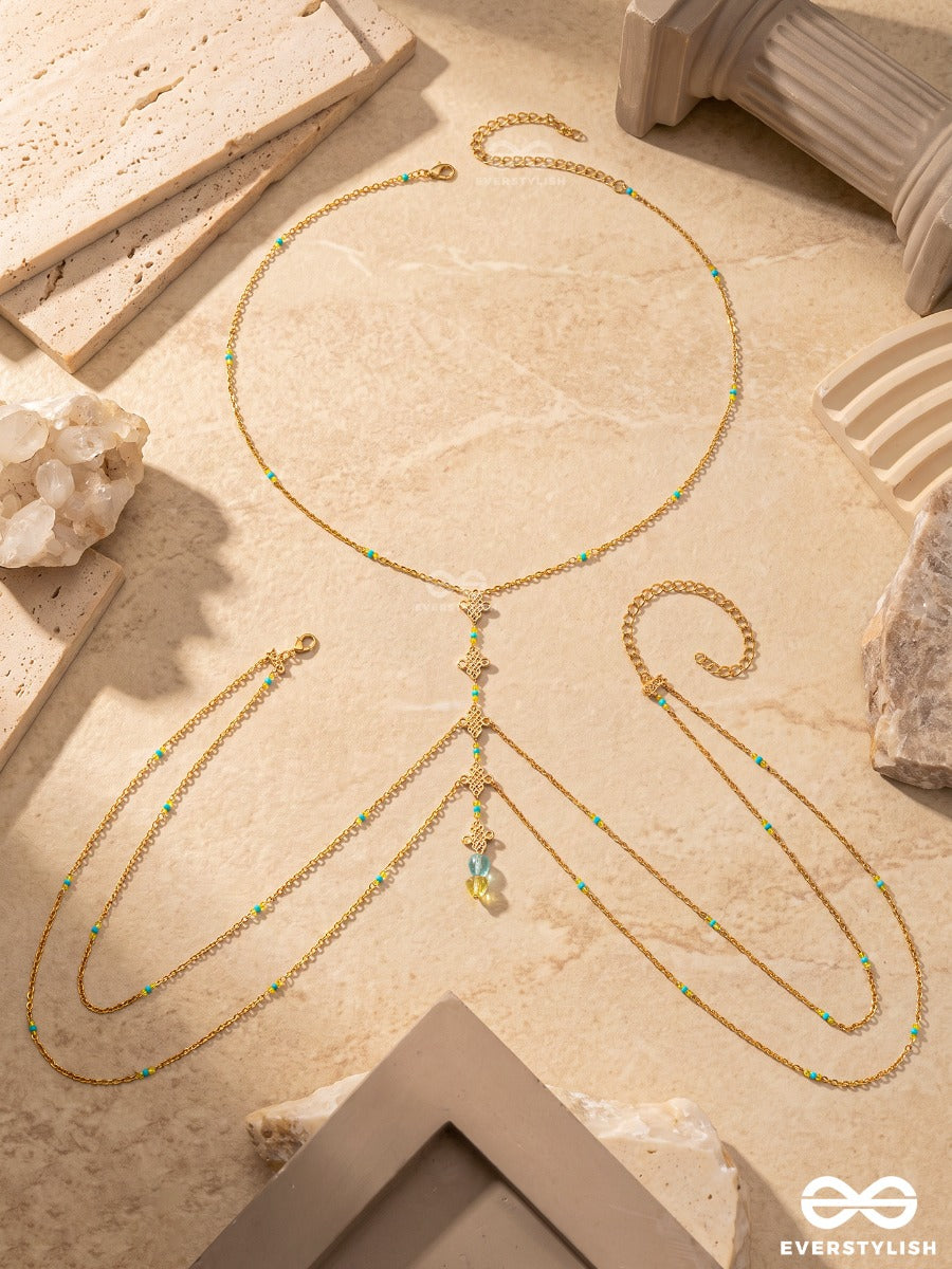 Sea Sprig – Layered Golden Body Chain With Pastel Bead Accents And Aqua Stones