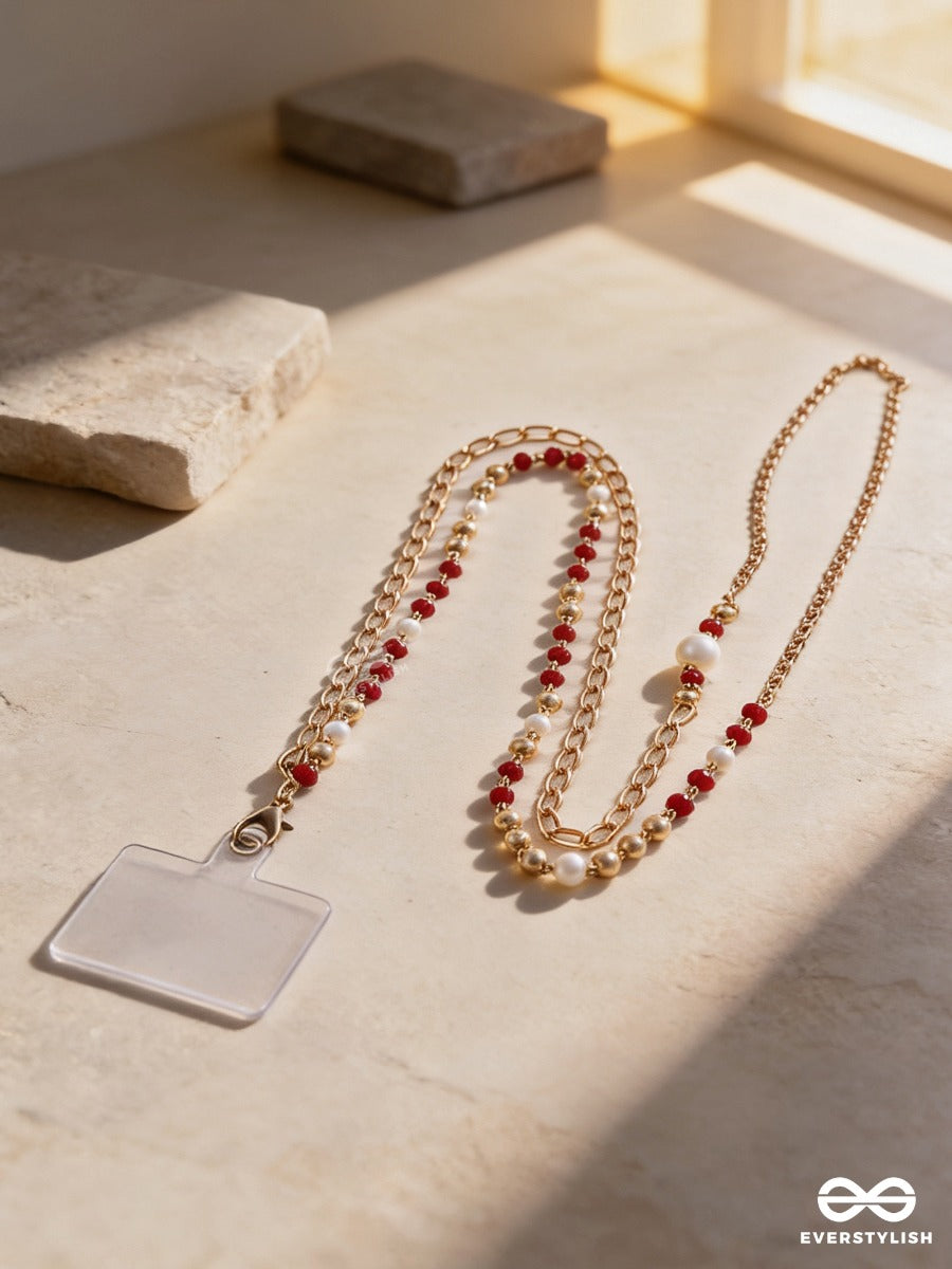 Regal Twine – Gold Chain Phone Sling With Red Crystal Beads And Pearl Accents