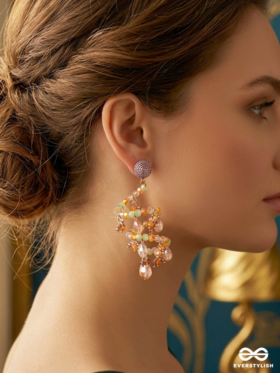 Morning Bloom – Spiral Earring With Champagne Crystal Drops And Pearl Clusters