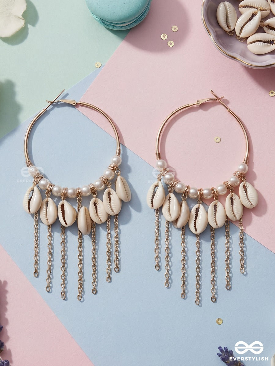 Seaside Charm – Gold Hoop Earrings With Cowrie Shells, Pearls And Cascading Chain Tassels