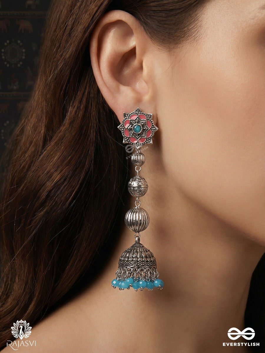 Neelkamini – Oxidised Jhumka Earrings With Pink Floral Studs, Turquoise Centres And Aqua Bead Fringe