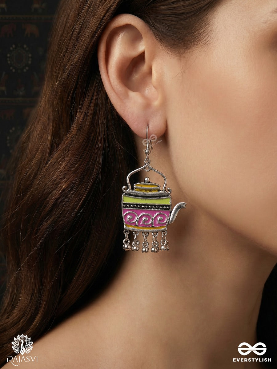 Chayamanjari – Oxidised Teapot Earrings With Multicolour Pastel Enamel And Ghungroo Drops