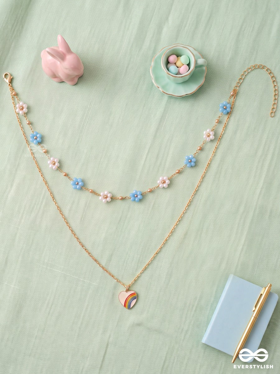 Sky Confetti – Layered Necklace With Aqua Flowers, Pearl Accents And Rainbow Charm