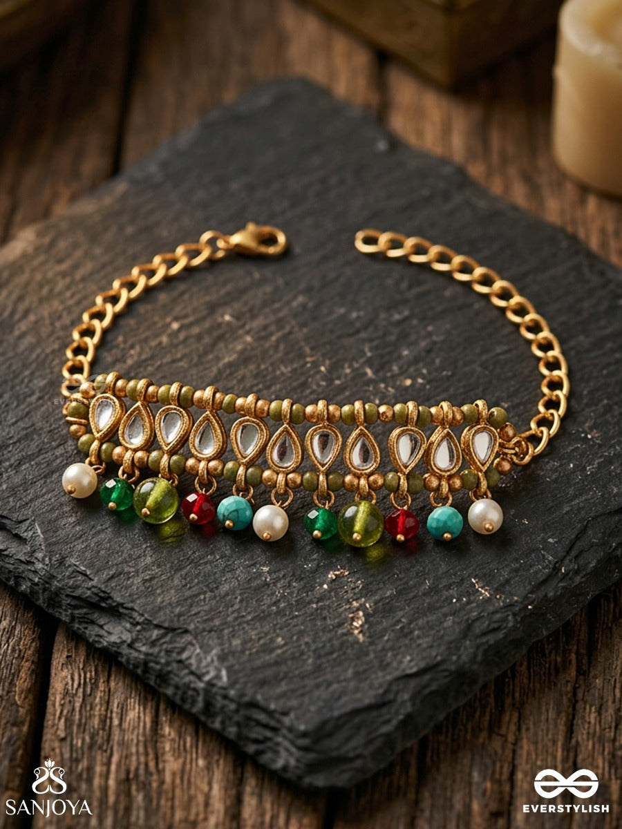 Rangjhilmil – Colourful Sparkle – Ornate Single Piece Bracelet With Stone-Studded Bar Detail, Delicate Gold-Tone Chainwork And Multi-Colour Bead Danglers