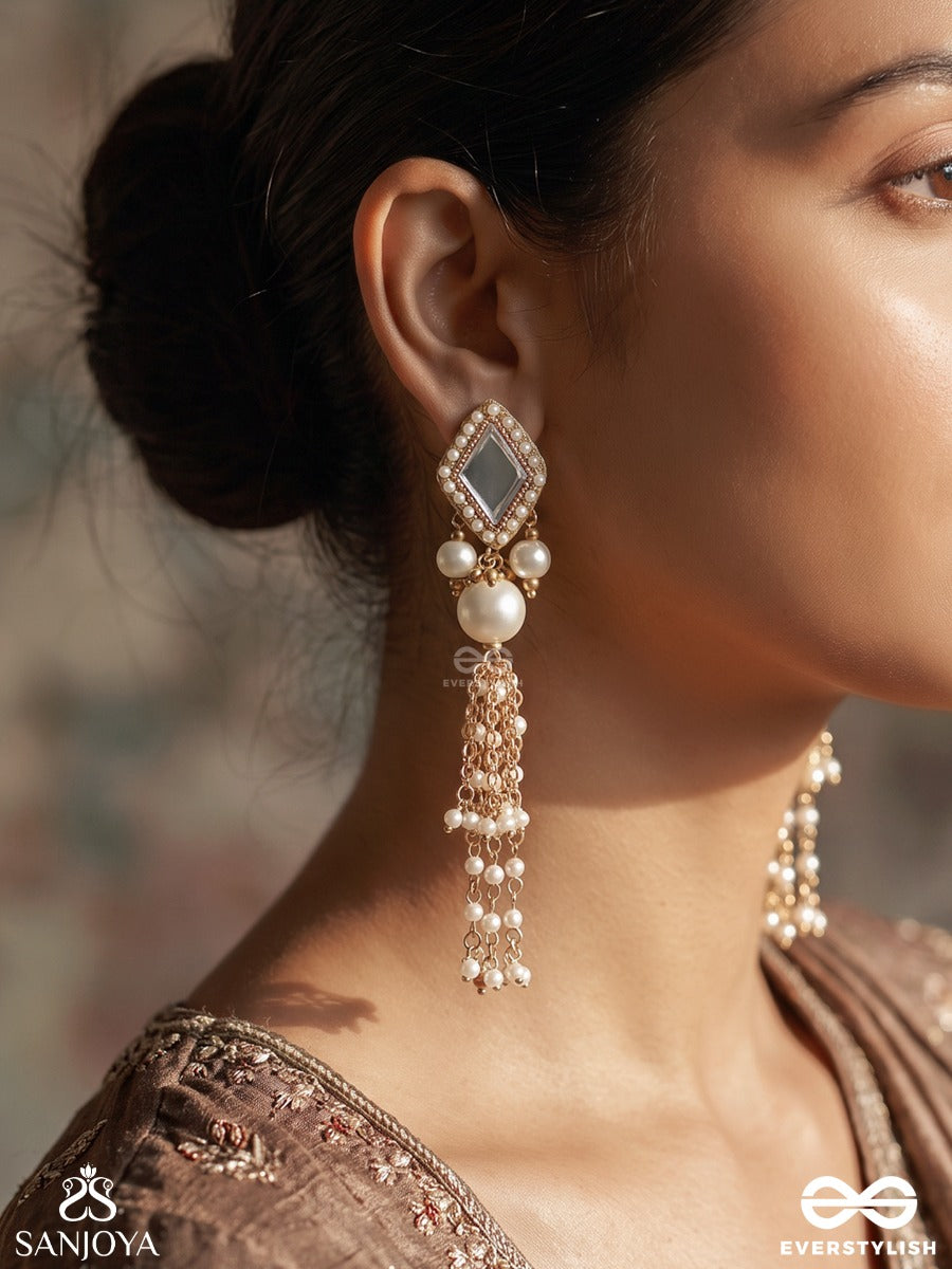 Ksheerangi – Ocean Of Pearls – Statement Earrings With Mirror-Cut Motifs, Lustrous Pearls And Cascading Pearl Tassels