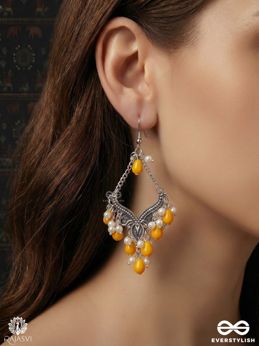 Sonaparni – Oxidised Chandelier Earrings With Mustard Bead Drops And Pearl Accents