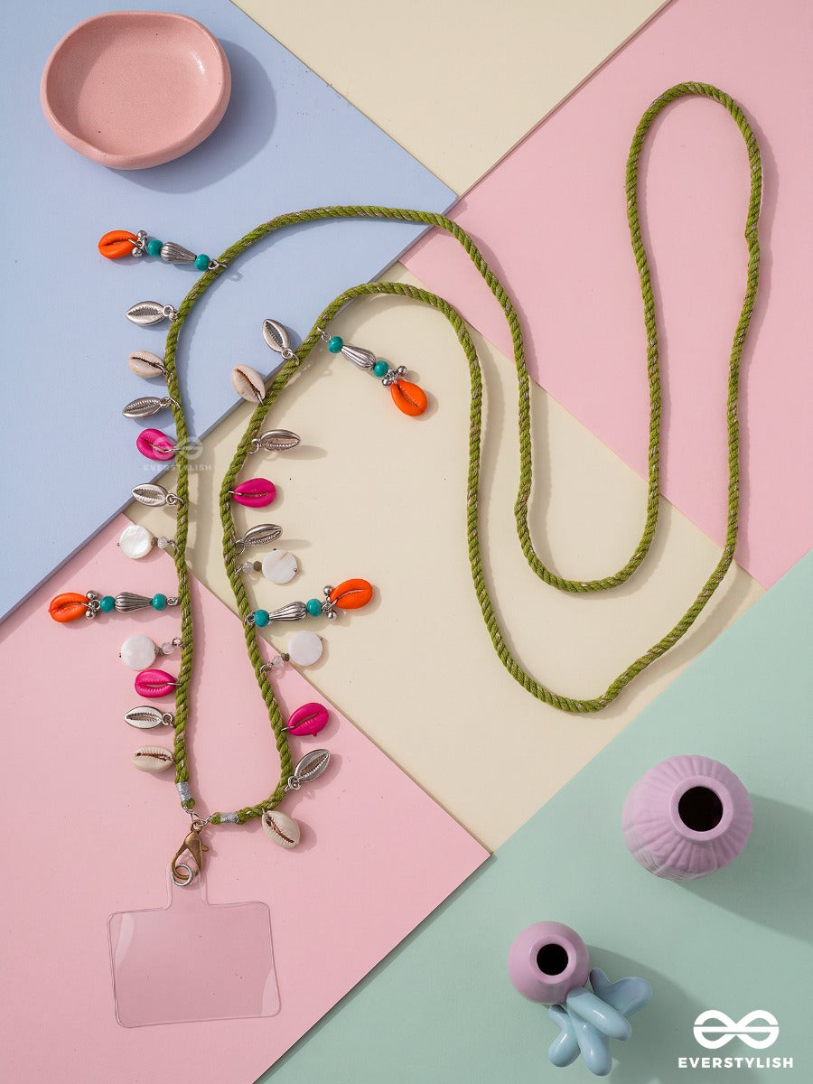 Amravan – Olive Green Braided Phone Sling With Oxidised Shell Charms And Multicolour Beads