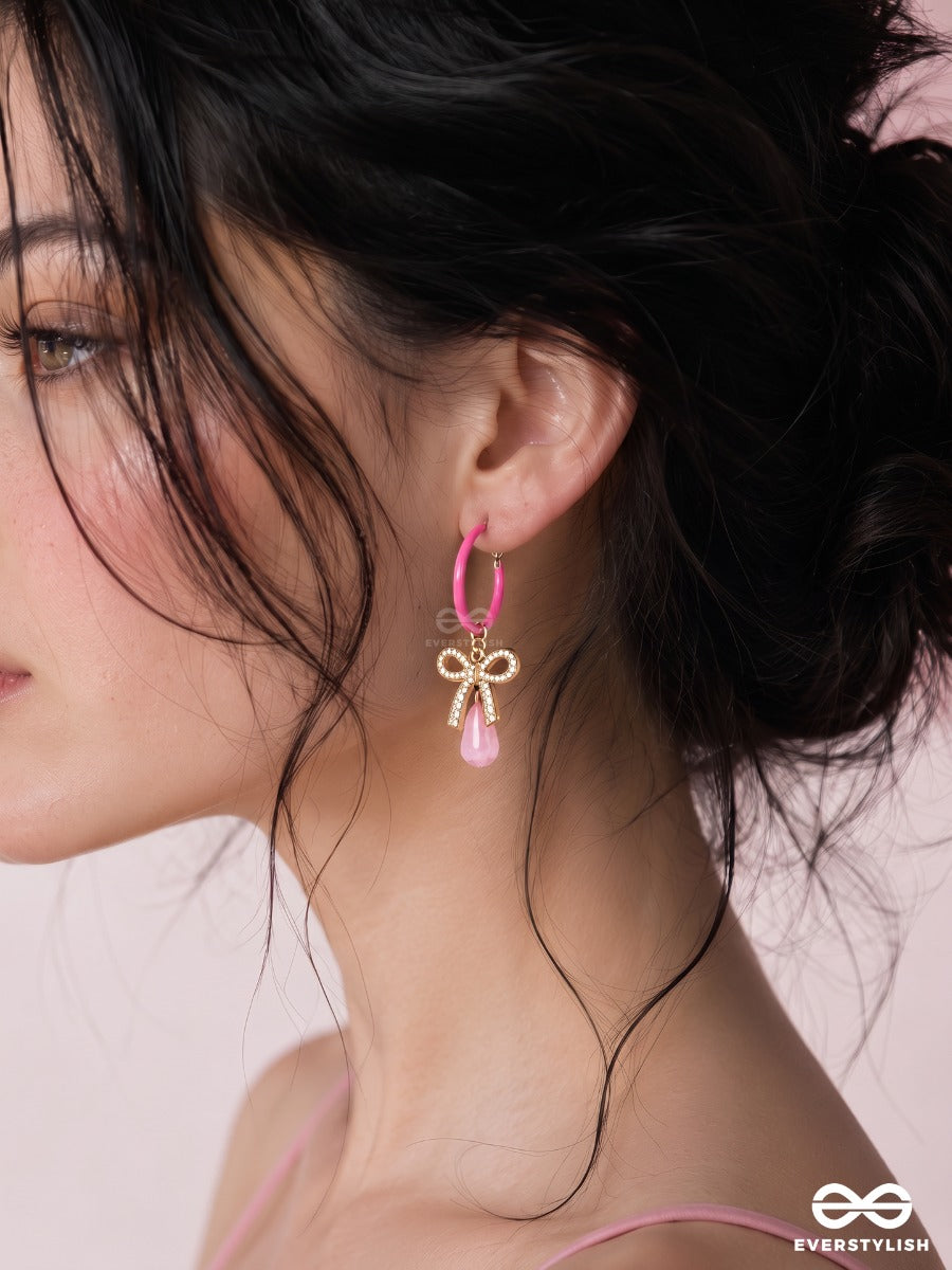 Pink Papillon – Pink Hoop Earrings With Crystal Bow And Drop Charms