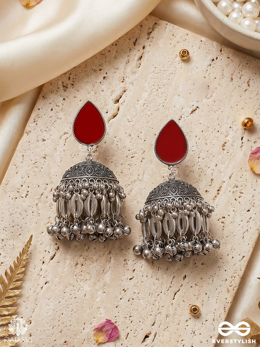 Rajmohini – Oxidised Jhumka Earrings With Ruby Teardrop Studs, Coin Charms And Ghungroo Fringe