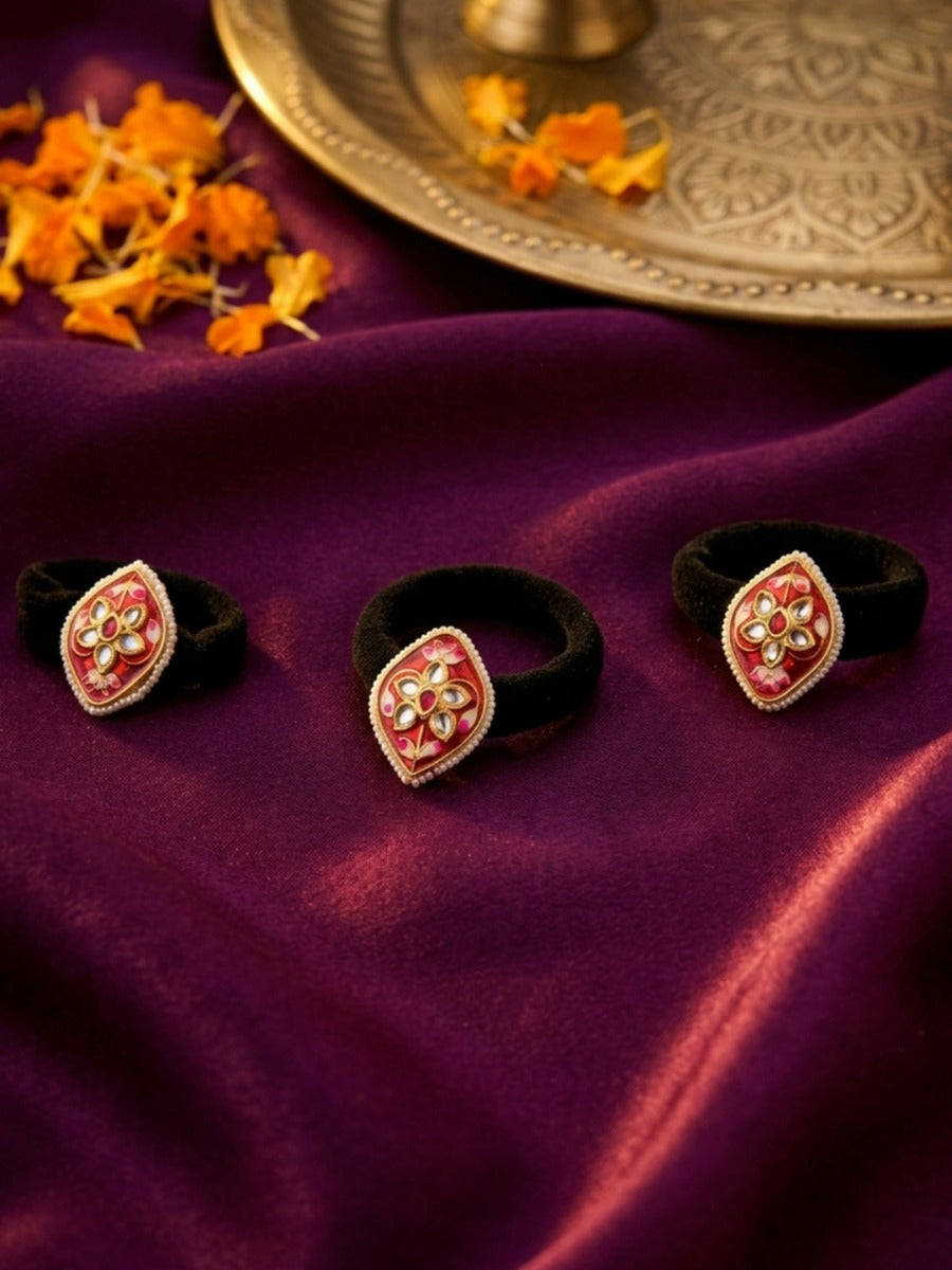 Kesara - Saffron Glow - Pack Of 3 Hair Accessories With Red Meenakari Motifs, Kundan-Style Stones, Pearl Edging And Golden Details