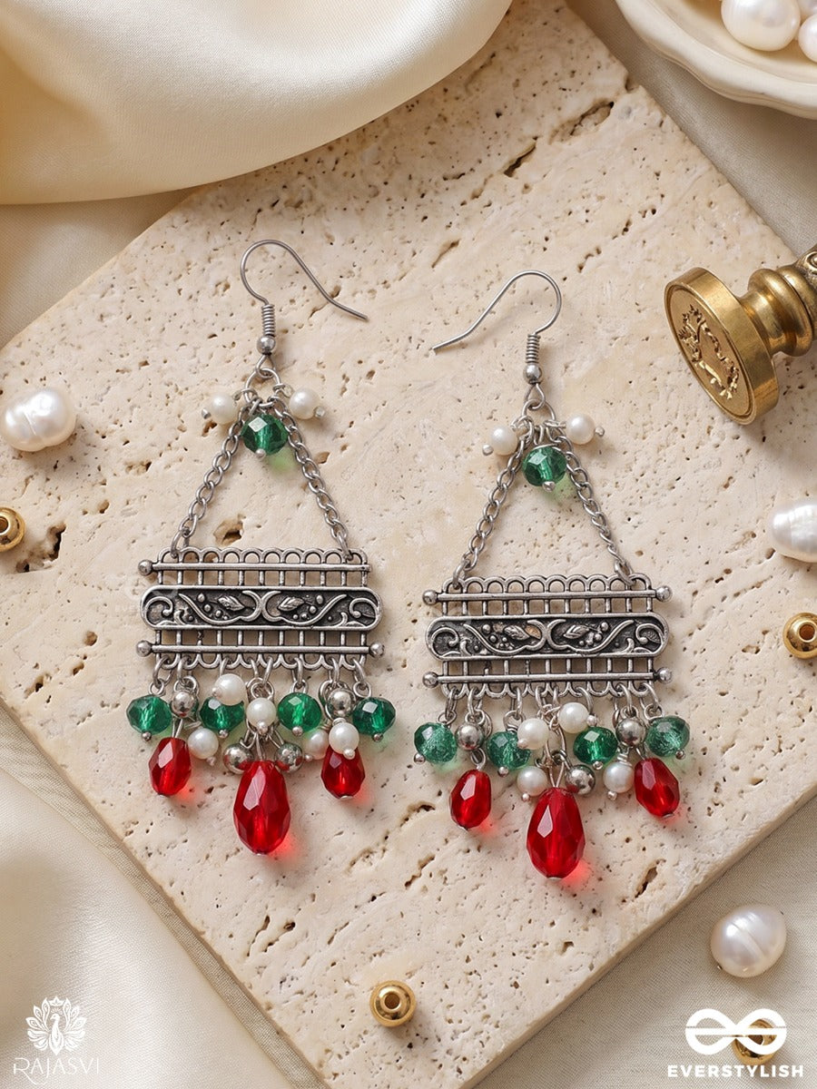 Manikhari – Oxidised Tribal Earrings With Green Stones, Pearls And Ruby Red Bead Drops