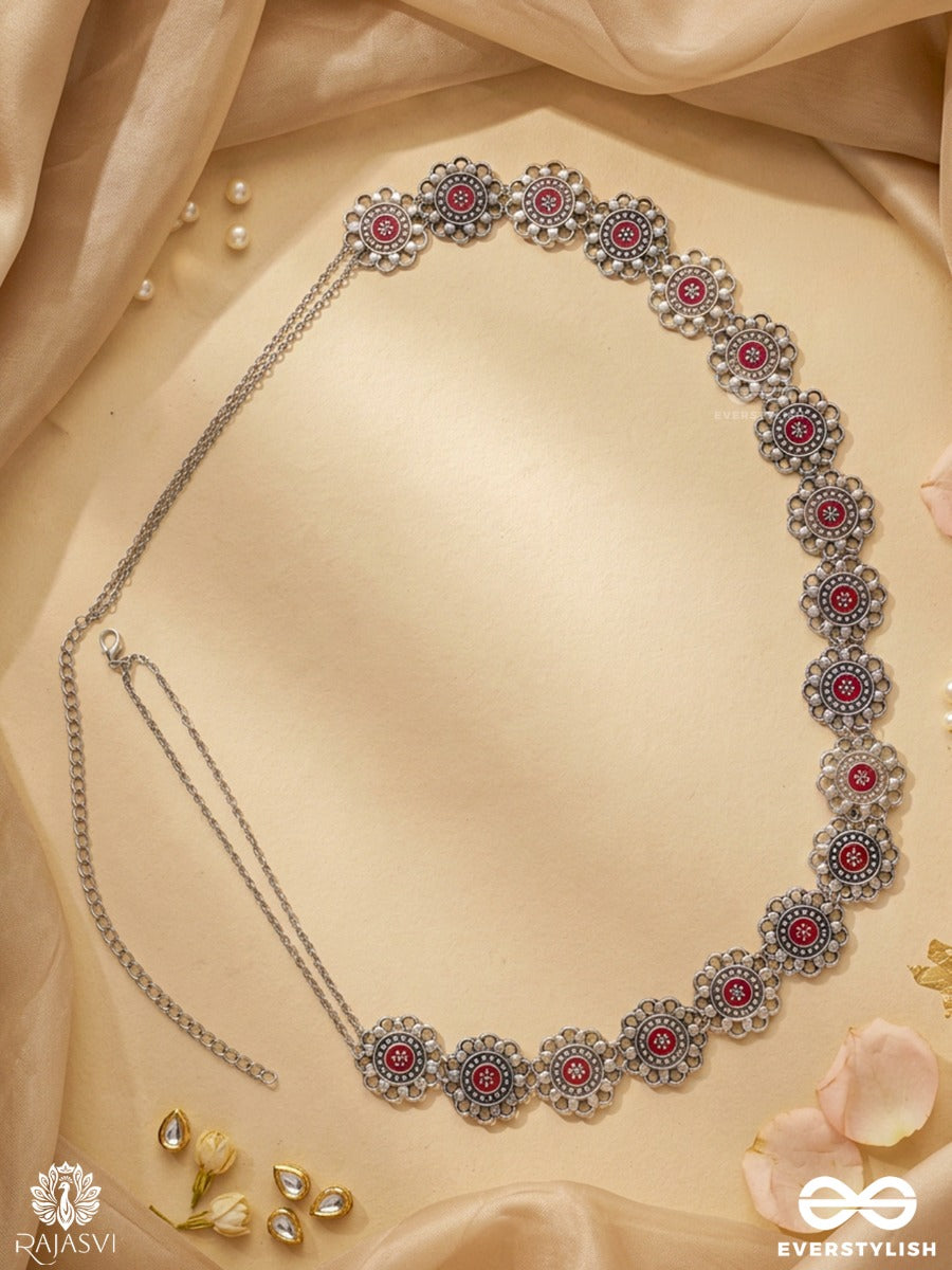 Tarangini – Oxidised Waist Chain With Red Stone Accents And Ornate Floral Motifs