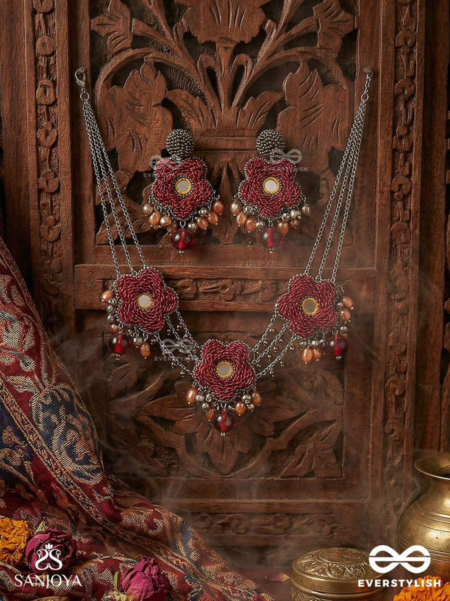 Sumanas - The Burgundy Flowers - Mirror, Resham, Dabka And Glass Drops Hand Embroidered Set With Oxidised Choker Neckpiece & Earrings