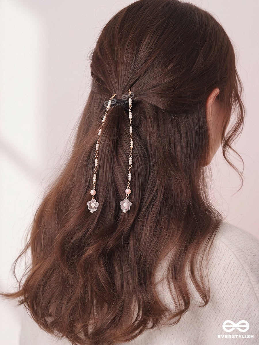 Blush Bells – Set Of 2 Gold-Tone Hair Accessories With Pink Beads And Flower Clusters