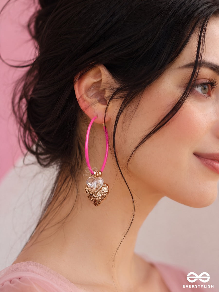 Heart Hush – Pink Hoop Earrings With Embossed Heart Charms