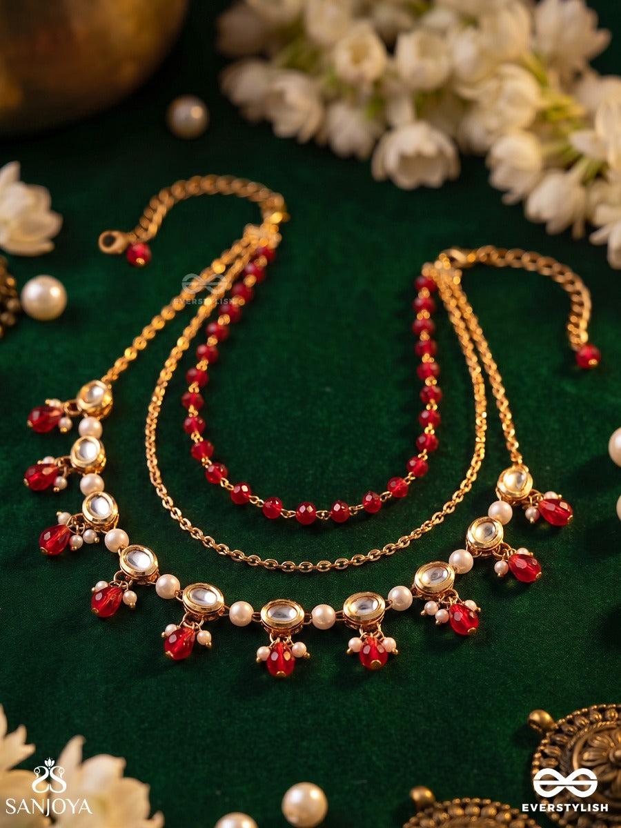 Kshitijika – Horizon Of Beauty – Convertible Body Jewellery That Styles As A Necklace Or Shoulder Chain With Ruby Bead Accents, Pearl Drops And Draped Chains