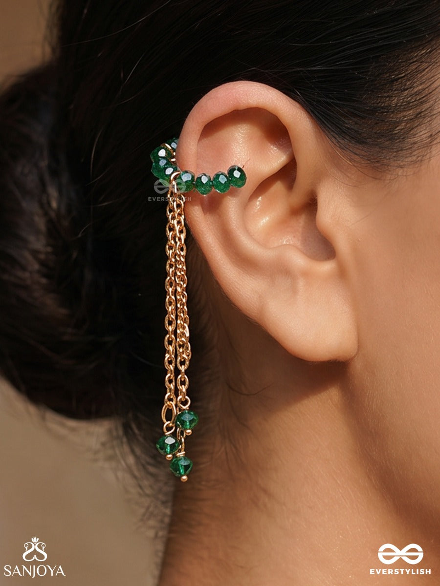 Vanakarni – Forest Ear Adornment – Ornate Single Earcuff With Green Bead Arc, Gold-Tone Chain Linking And Delicate Dangling Bead Accents