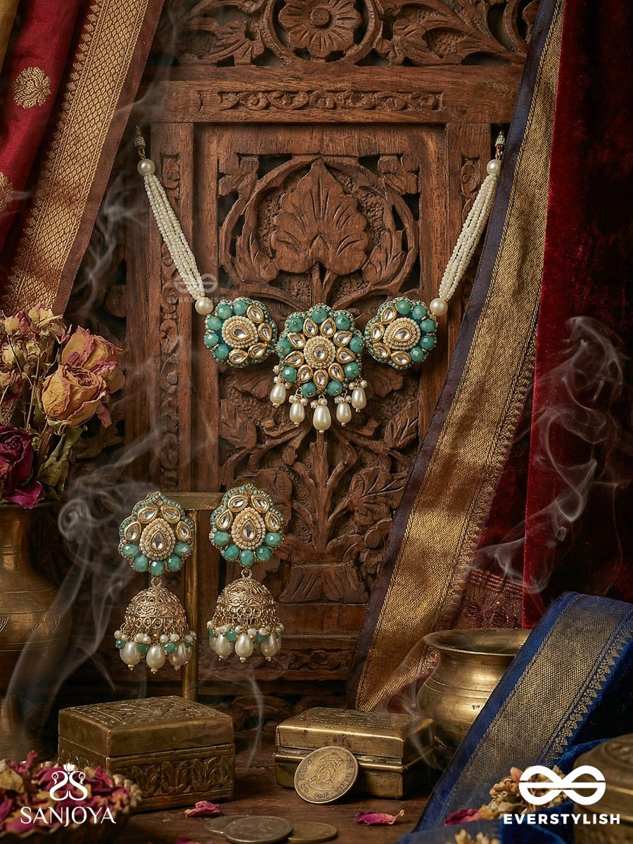 Maugdhya - The Treasured Innocence - Beads, Pearl Drops, Polki & Kundan Hancrafted Set With Choker Neckpiece And Earrings