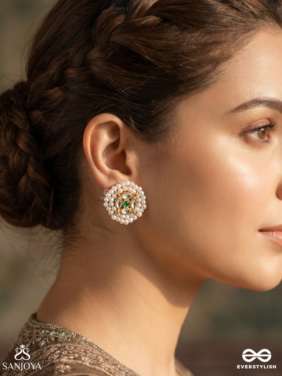 Prabhanvi – Radiant Light – Floral Stud Earrings With Pearl Petals, Turquoise Centre And Golden Detailing