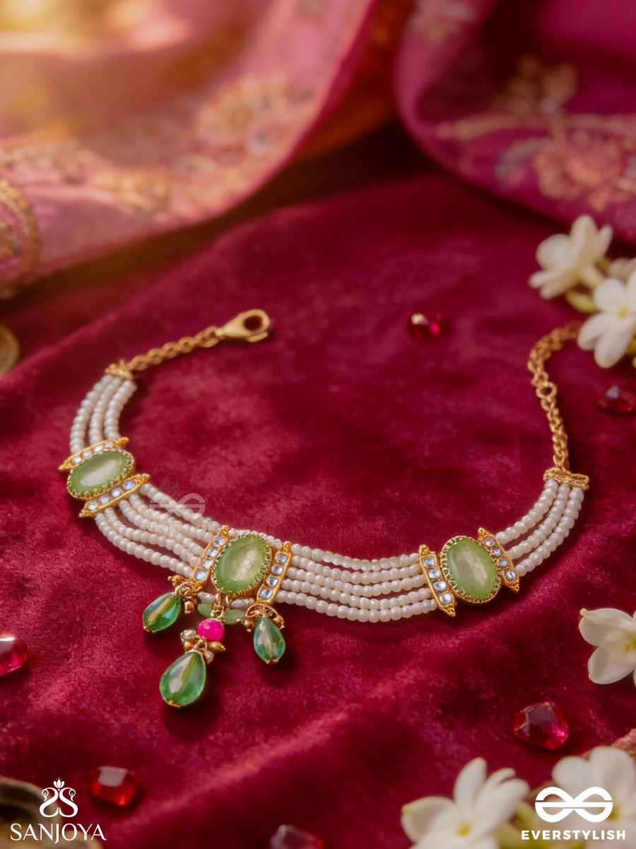 Ambuprabha – Radiance Of The Waters – Elegant Multi-Strand Necklace With Pearl Layers, Carved Green Stones And Crystal Drop Accents