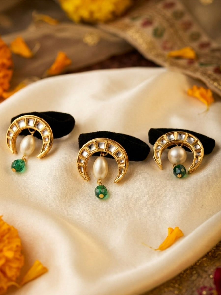 Ratnika - Little Jewel - Pack Of 3 Hair Accessories With Crystal-Studded Golden Crescent Motifs, Pearl Centres And Green Gem Drops