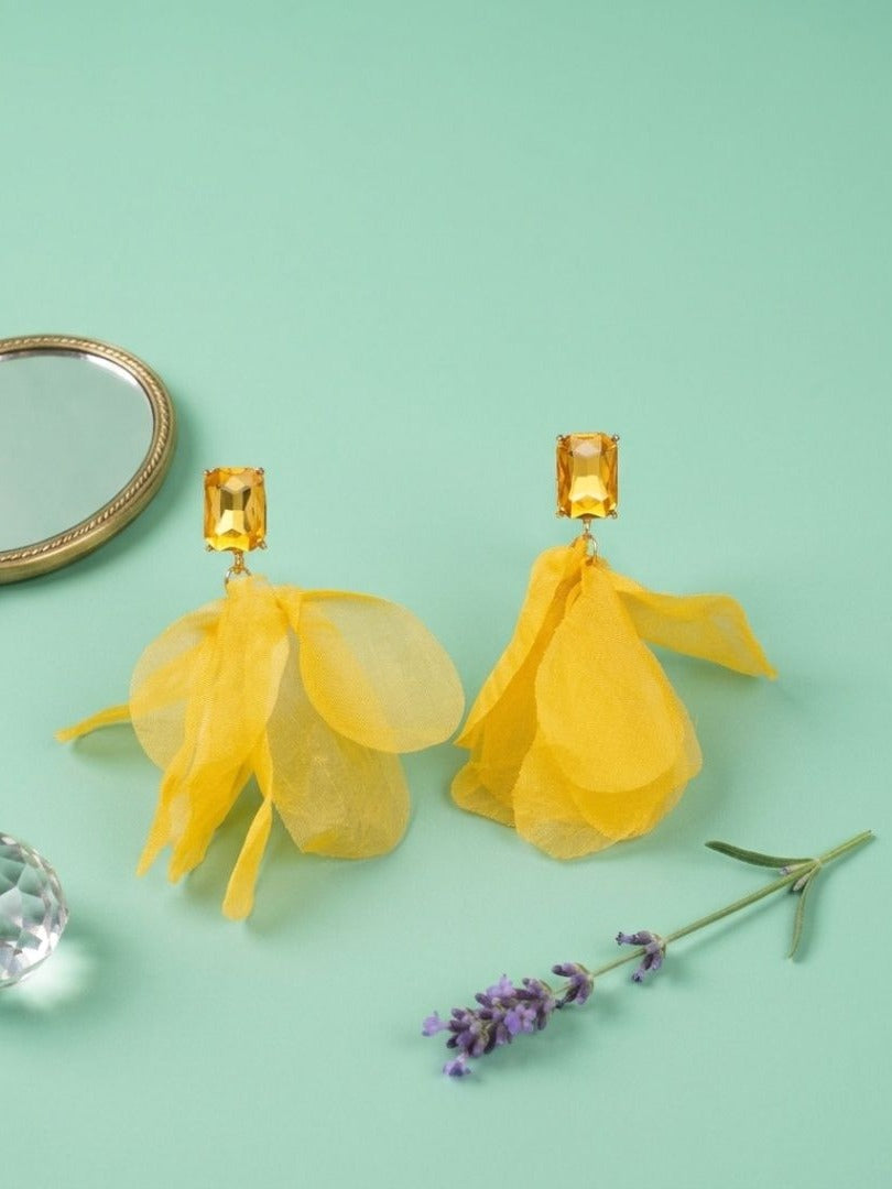 Sunny Flutter - Yellow Organza Petal Drop Earrings