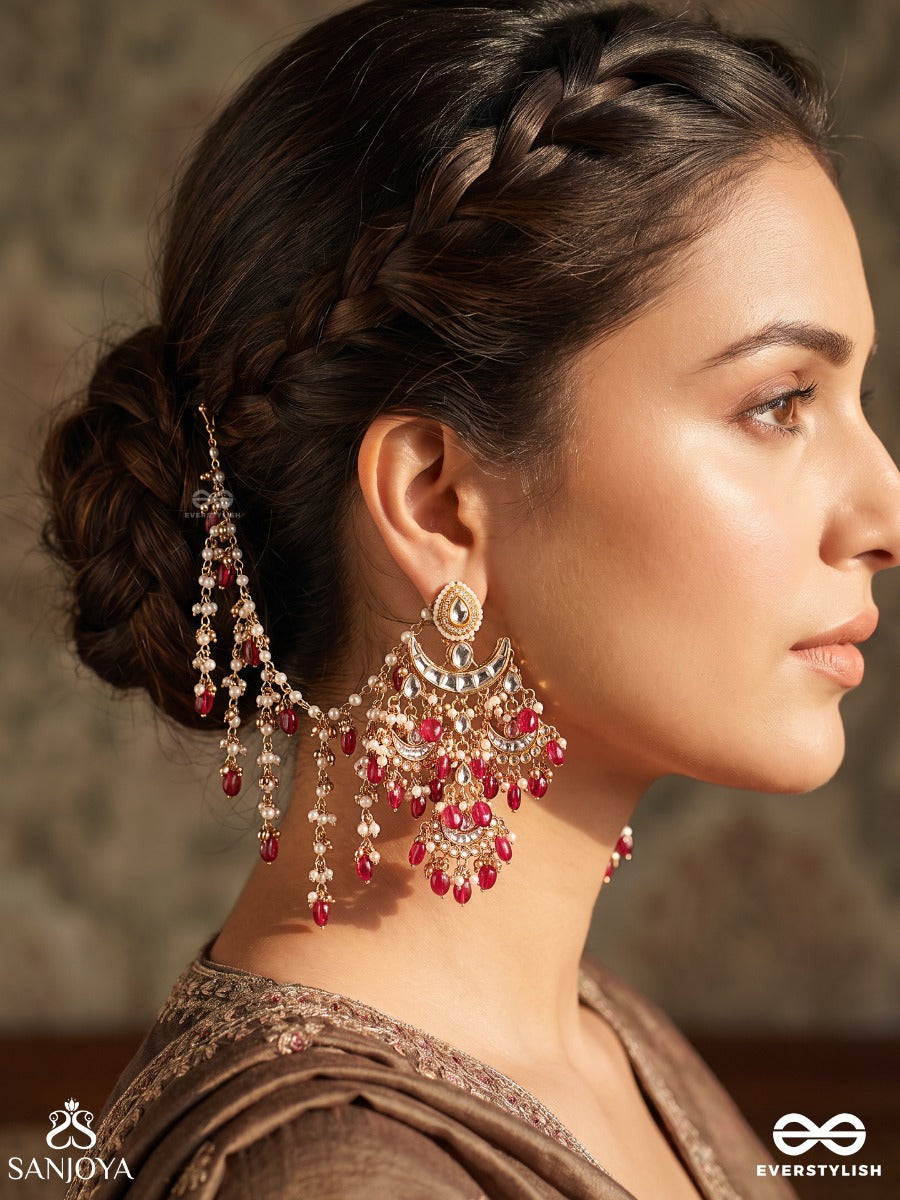 Jahanara – Adornment Of The World – Ornate Ear-Chain Earrings With Crescent Motifs, Pearl Clusters, Pink Gem Drops And Cascading Chains