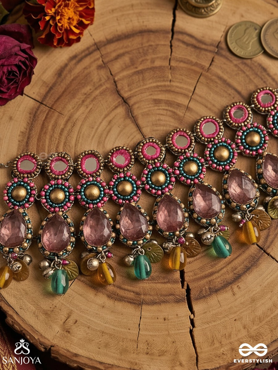 Vashikrit - The Hypnotic Tiers - Mirror, Stones, Coins And Glass Drops Hand Embroidered Oxidised Choker Neckpiece