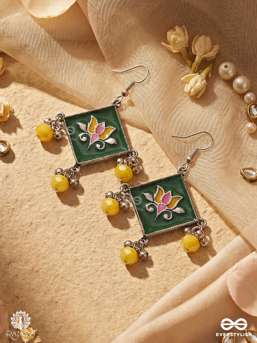 Pachirang – Oxidised Enamel Heritage Earrings With Green Diamond Motifs, Floral Details And Yellow Bead Drops