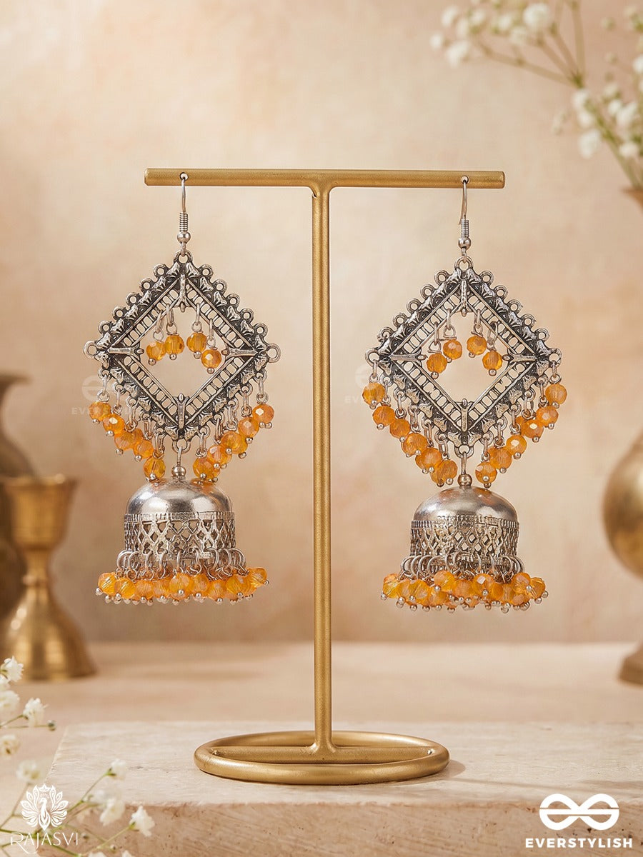 Ambarlekha – Oxidised Diamond Jhumka Earrings With Amber Bead Clusters And Filigree Details
