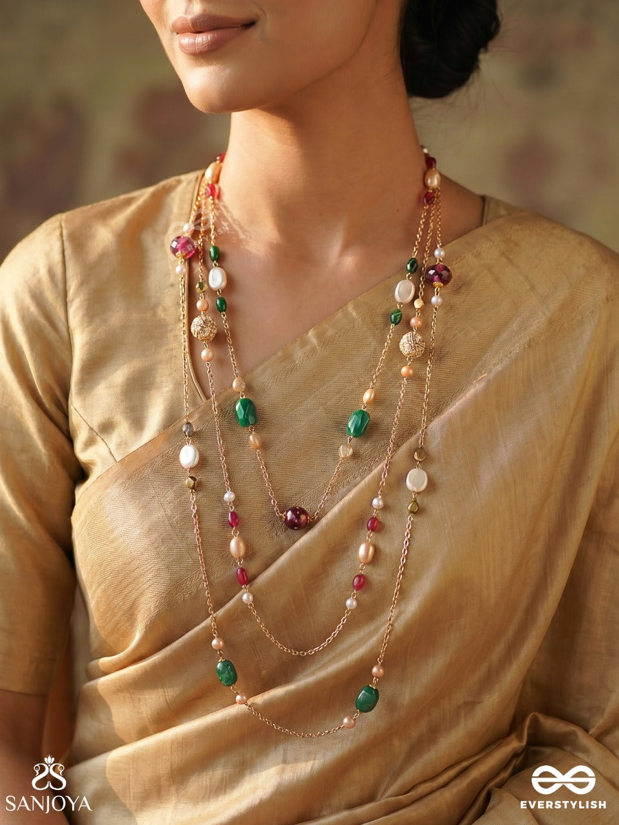 Nirantara – Everlasting – Elegant Layered Necklace With Multi-Colour Gemstones, Pearls And Floral Connectors