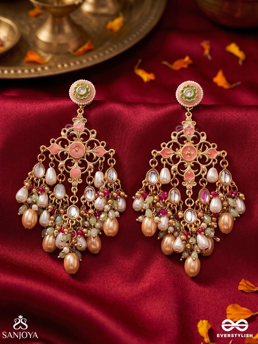 Ahladini – Full Of Joy – Heritage Earrings With Peach Enamel Motifs, Cascading Pearls, Colourful Bead Clusters And Soft Peach Drops