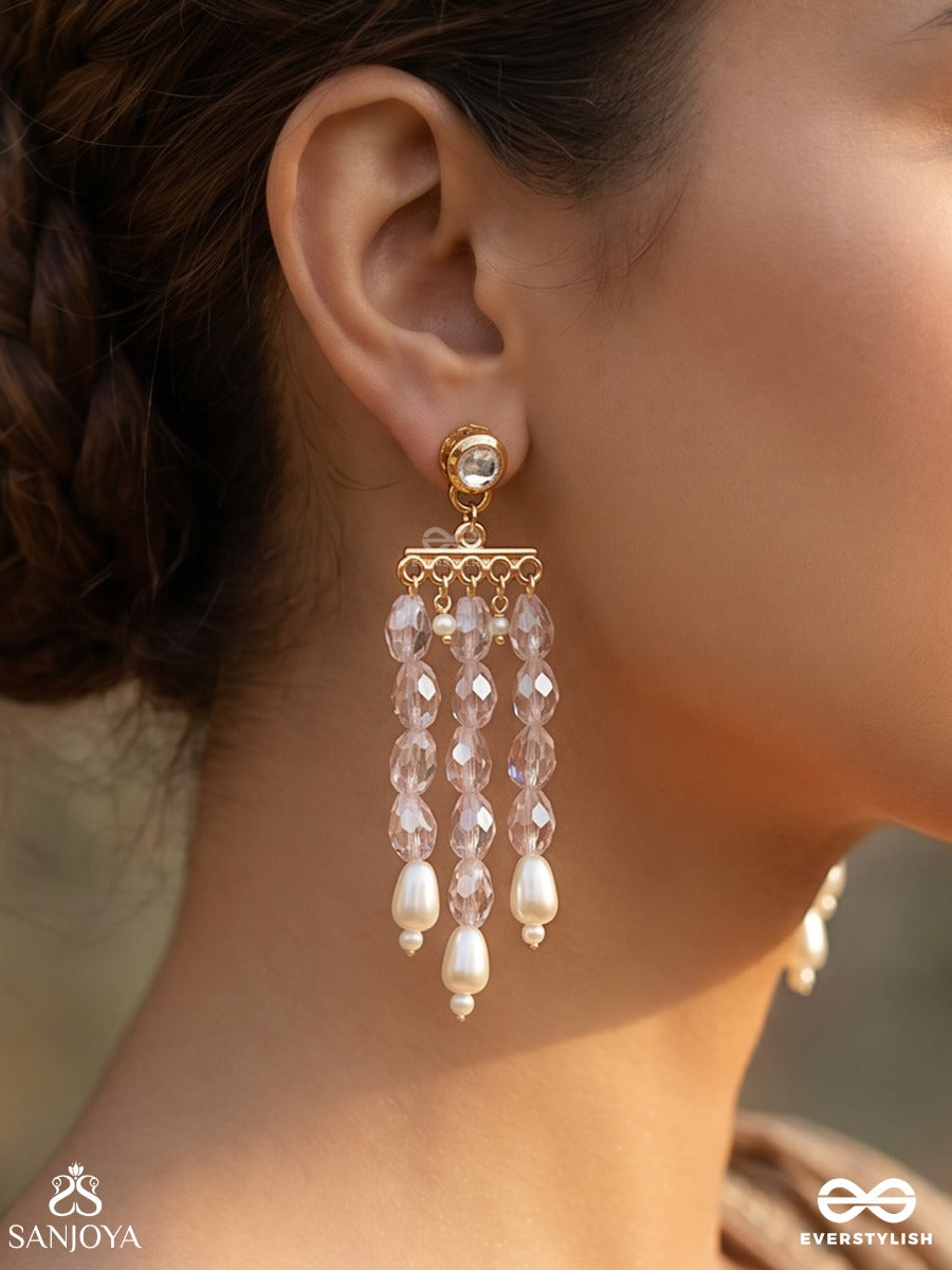 Pushkari – Sacred Lotus – Elegant Dangler Earrings With Three Cascading Pearl Strands, Faceted Crystal Beads And Golden Accents