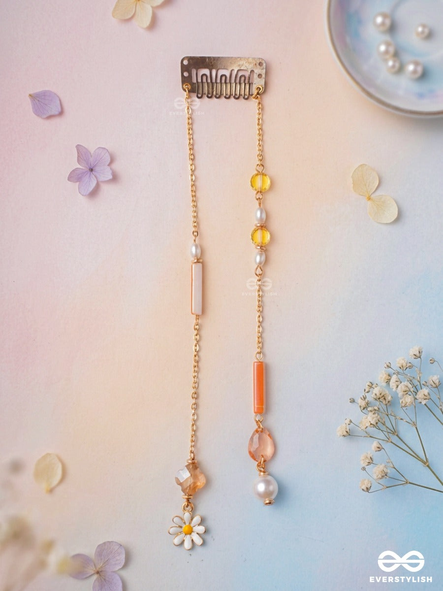 Garden Twinkle – Double-Chain Hair Clip With Turquoise Beads, Daisy Charms And Gold Chains