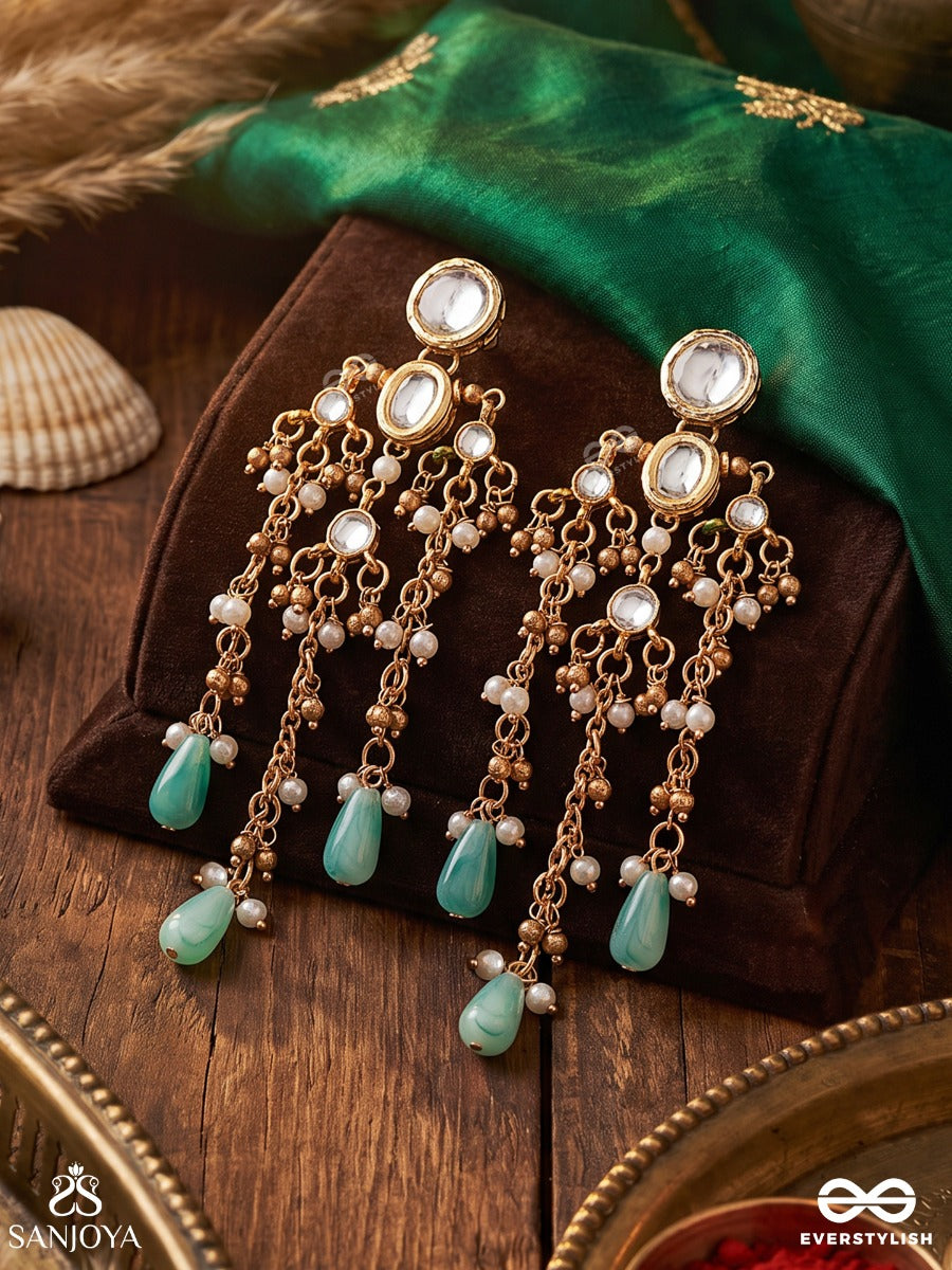 Tanirika – Water-Born Beauty – Heritage Earrings With Mirror Kundan Motifs, Pearl Clusters, Cascading Chains And Aqua Drop Accents