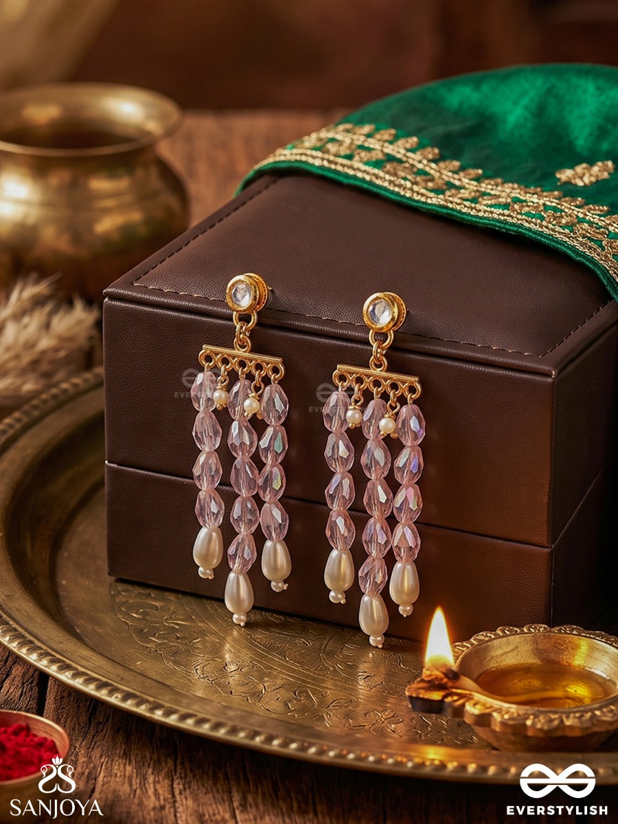 Pushkari – Sacred Lotus – Elegant Dangler Earrings With Three Cascading Pearl Strands, Faceted Crystal Beads And Golden Accents