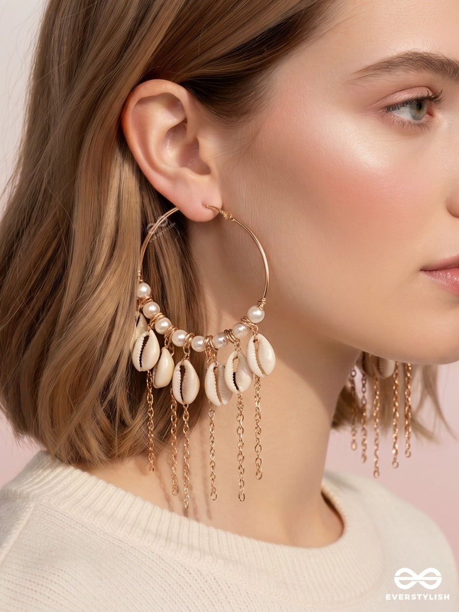 Seaside Charm – Gold Hoop Earrings With Cowrie Shells, Pearls And Cascading Chain Tassels