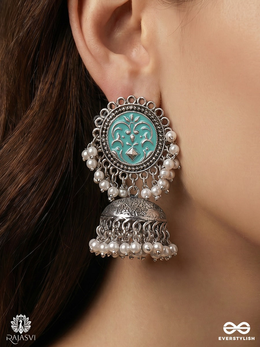 Neeltarangini – Oxidised Jhumka Earrings With Turquoise Enamel Medallions, Pearl Clusters And Filigree Domes