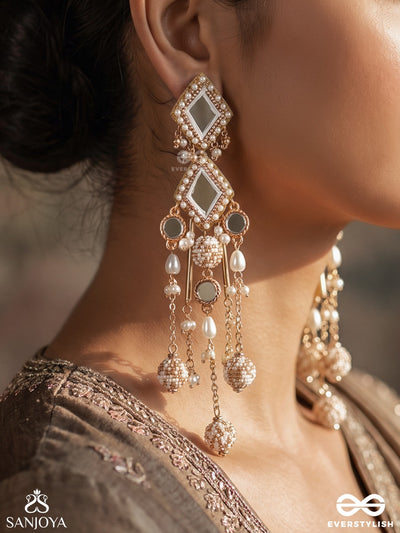 Chitramayi – Full Of Artistry – Chandelier Earrings With Geometric Kundan Motifs, Mirror Embellishments, Pearl Tassels And Golden Links