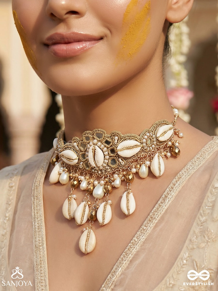 Lavana- The Coast Memoirs- Shells, Beads And Glass Drops Hand Embroidered Choker Neckpiece