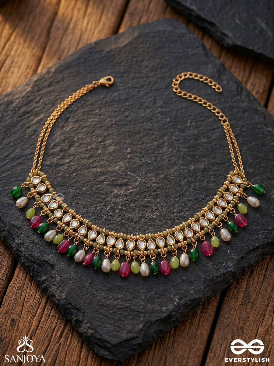 Manikvalli – Jewelled Creeper – Ornate Choker With Gold-Tone Panel Detailing, Pink-Green Bead Danglers And Delicate Hanging Accents