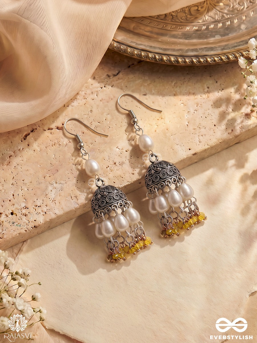 Chandramukhi – Oxidised Dome Jhumka Earrings With Layered Pearl Clusters And Golden Bead Fringe