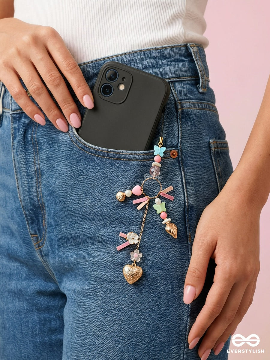 Pink Confetti – Pastel Phone Charm With Candy Beads And Heart Details