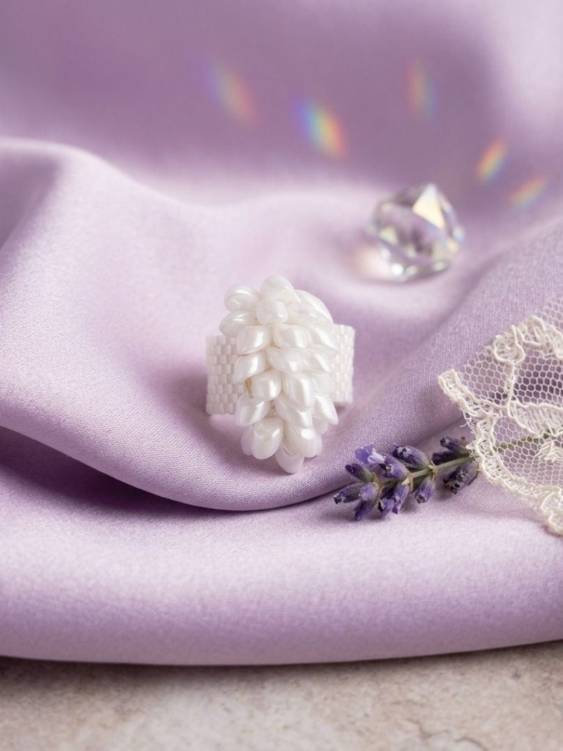 Snow Dahlia - White Beaded Floral Statement Ring